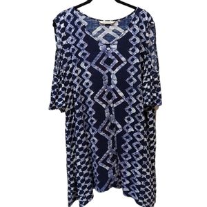 Soft Surroundings Talia Beaded Cold Shoulder Batik Style Print Navy Top (XL)